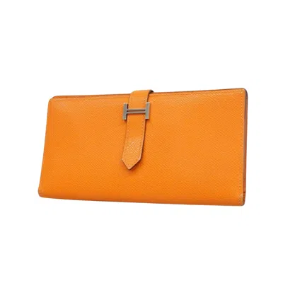 Hermes Béarn Leather Wallet () In Orange