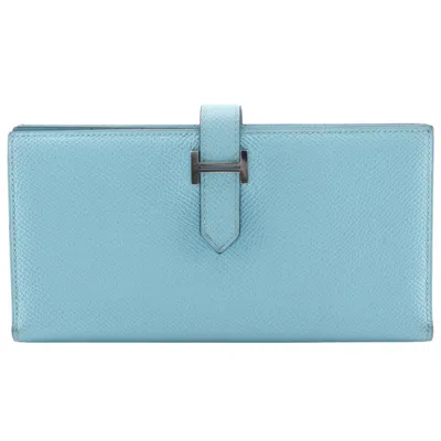 Pre-owned Hermes Bearn Light Blue Epsom Leather Long Wallet (bi-fold) ()