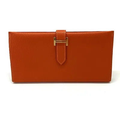 Pre-owned Hermes Bearn Orange Chevre Leather Long Wallet (bi-fold) ()