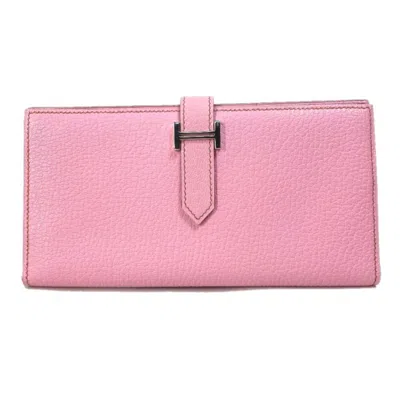 Pre-owned Hermes Bearn Pink Soufre Chevre Leather Chain/shoulder Wallet () In Pink, Soufre