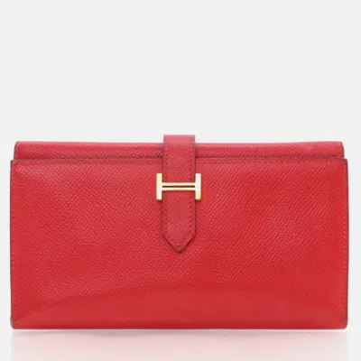 Pre-owned Hermes Bearn Red Epsom Trifold Wallet
