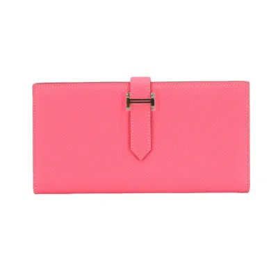Pre-owned Hermes Bearn Rose Azalee Epsom Leather Long Wallet (bi-fold) () In Pink