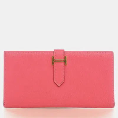 Pre-owned Hermes Bearn Rose Lipstick Chevre Mysore Goatskin Leather Wallet In Pink