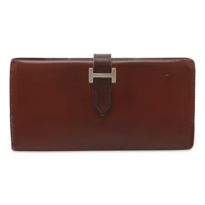 Pre-owned Hermes Bearn Rouge H Box Calf Leather Long Wallet (bi-fold) () In Red