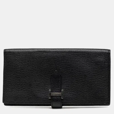 Pre-owned Hermes Bearn Souffle Black Chevre Mysore Goatskin Long Wallet Bag