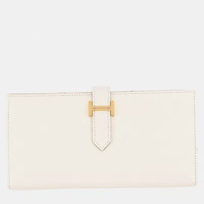 Pre-owned Hermes Bearn Souffle Nata Chevre Mysore Leather Gold Hardware Long Wallet In White