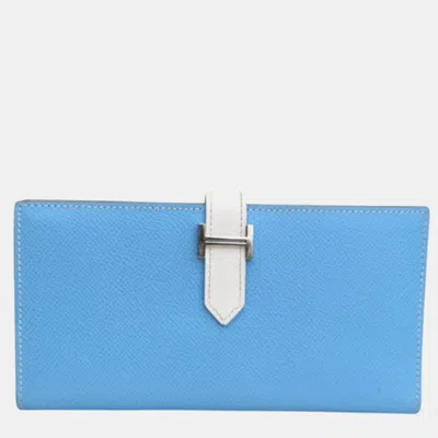 Pre-owned Hermes Bearn Soufflet Blue Celeste White Epsom Calfskin Leather Long Wallet