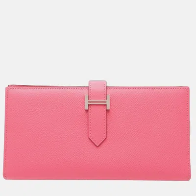 Pre-owned Hermes Bearn Soufflet Pink Epsom Leather Long Wallet