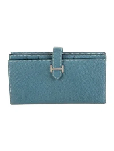 Pre-owned Hermes Bearn Soufflet Wallet In Blue