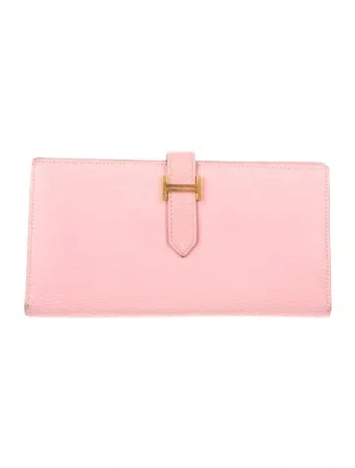 Pre-owned Hermes Bearn Soufflet Wallet In Pink