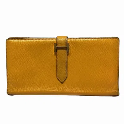 Pre-owned Hermes Bearn Soufre Yellow Epsom Leather Long Wallet (bi-fold) ()