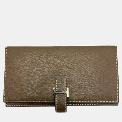 Pre-owned Hermes Bearn Taupe Epsom Leather Wallet In Brown