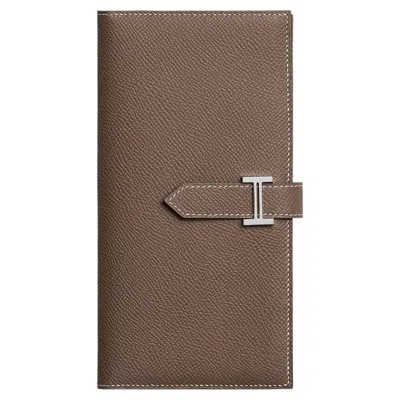 Pre-owned Hermes Bearn Wallet With Gusset Etoupe Epsom Calfskin Leather Palladium Plated In Brown