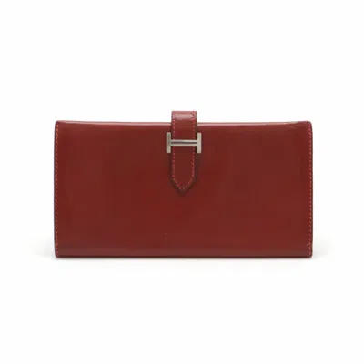Pre-owned Hermes Bearn Wine Leather Long Wallet (bi-fold) () In Burgundy
