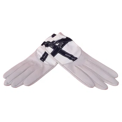 Pre-owned Hermes Beautiful Hermès Leather Gloves Ribbon Printed White And Black Size 7