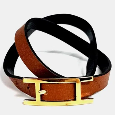 Pre-owned Hermes Behapi Double Tour Black/brown Leather Strap Bracelet