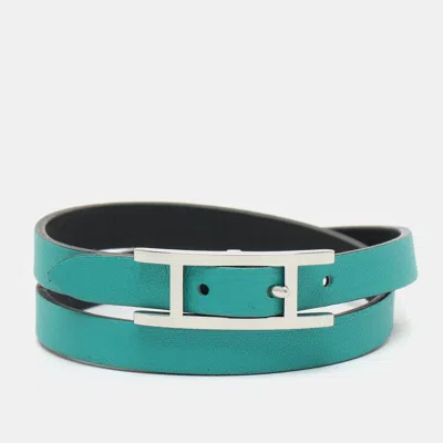Pre-owned Hermes Hermès Behapi Green/black Leather Reversible Double Tour Bracelet S In Multicolor