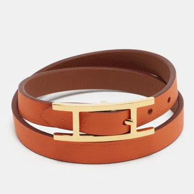 Pre-owned Hermes Hermès Behapi Leather Gold Plated Double Tour Bracelet