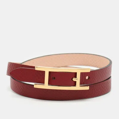 Pre-owned Hermes Hermès Behapi Pink/red Leather Gold Tone Hardware Double Tour Bracelet S