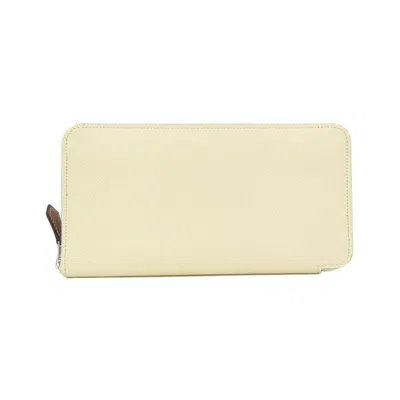 Pre-owned Hermes Beige Biscuit White Epsom Leather Silk Long Wallet (bi-fold) () In Beige, Biscuit, White