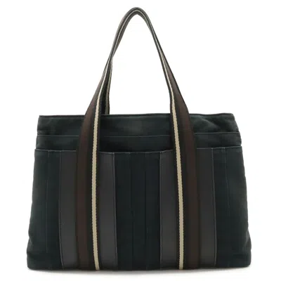 Pre-owned Hermes Beige Black Brown Canvas Leather Shoulder Bag Tote Bag ()