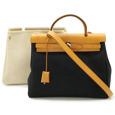 Pre-owned Hermes Beige Black Toile Officier Leather Handbag Shoulder Bag () In Multi