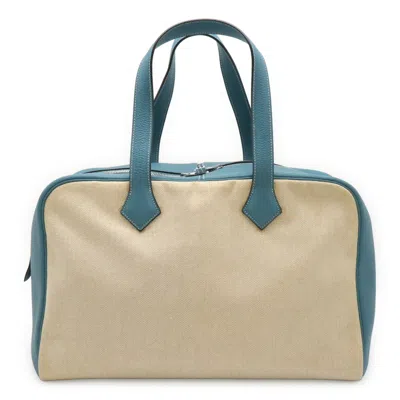 Pre-owned Hermes Beige Blue Jean Toile H Taurillon Clemence Leather Boston Bag ()