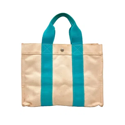 Pre-owned Hermes Beige Blue Natural Canvas Handbag Tote Bag () In Beige, Blue, Natural