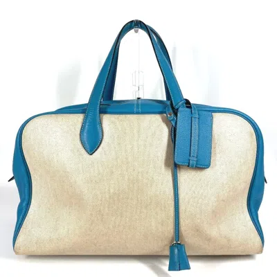 Pre-owned Hermes Beige Blue Toile H Leather Boston Bag Shoulder Bag () In Beige, Blue