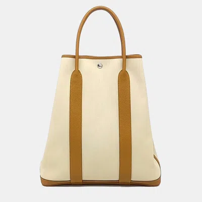 Pre-owned Hermes Beige Brown Fabric Garden Pile In Sand