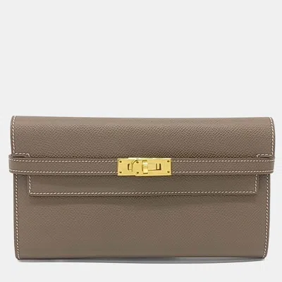 Pre-owned Hermes Beige Brown Leather Kelly Long Wallet (y) In Sand