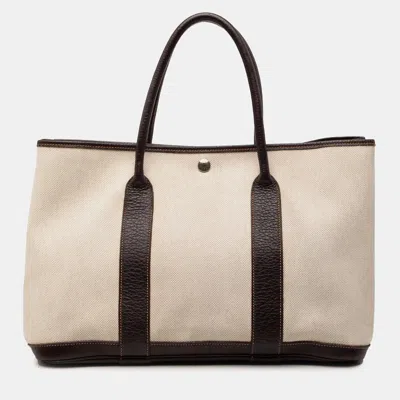 Pre-owned Hermes Beige Brown Toile And Negonda Garden Party 36 In Sand