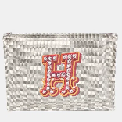 Pre-owned Hermes Beige Canvas And Embroidery Pouch In Sand