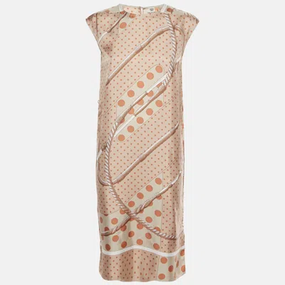 Pre-owned Hermes Beige Clic Clac A Pois Print Silk Twill Shift Midi Dress S In Sand