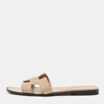 Pre-owned Hermes Beige Crystal Suede Oran Flat Slide Sandals Size 39