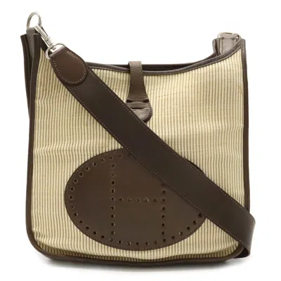 Pre-owned Hermes Beige Dark Brown Crinoline Leather Shoulder Bag () In Beige, Dark Brown