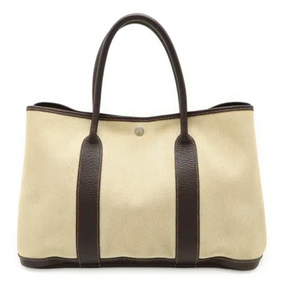 Pre-owned Hermes Beige Dark Brown Toile H Leather Handbag Tote Bag () In Multi