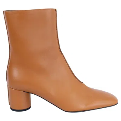 Pre-owned Hermes Beige Dore Leather Dedale Block Heel Ankle Boots Shoes 37.5 In Brown