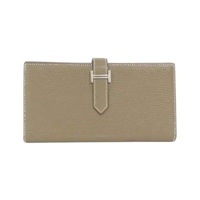Pre-owned Hermes Beige Etoupe Gray Chevre Leather Long Wallet (bi-fold) ()