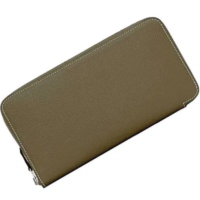 Pre-owned Hermes Beige Etoupe Gray Leather Epsom Leather Silk Long Wallet (bi-fold) ()