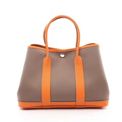 Pre-owned Hermes Beige Etoupe Gray Orange Toile Officier Negonda Leather Tote Bag ()