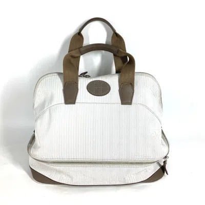 Pre-owned Hermes Beige Etoupe Gray White Toile Chevron Leather Boston Bag Handbag ()