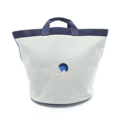 Pre-owned Hermes Beige Green Navy Canvas Toile H Basket Tote Bag ()