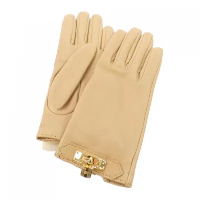 Pre-owned Hermes Beige Leather Warm Gloves () In Sand