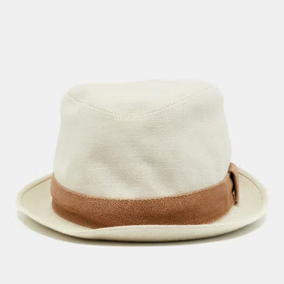 Pre-owned Hermes Hermès Beige Linen Blend Leather Trim Fedora Size 60