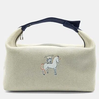 Pre-owned Hermes Beige Navy Blue Fabric Cabriolet Bride-a-brac Case In Sand