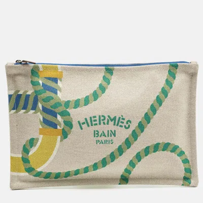 Pre-owned Hermes Beige Printed Bain Canvas Case In Sand