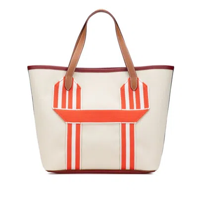 Pre-owned Hermes Beige Red Brown Taurillon Clemence Leather Tote Bag ()