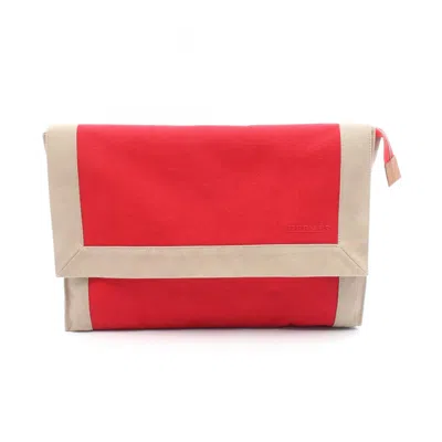 Pre-owned Hermes Beige Red Color Canvas Clutch Bag () In Multi