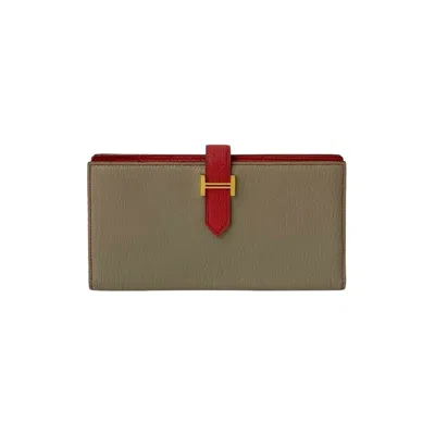 Pre-owned Hermes Beige Red Color Chevre Leather Long Wallet (bi-fold) () In Multi